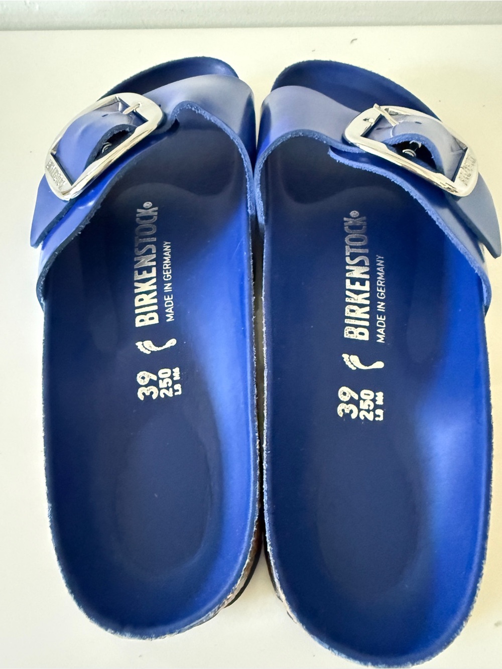 NWOB BIRKENSTOCK Big Buckle Madrid Slides Sandals High Shine Cobalt Blue 39 - Picture 3 of 6